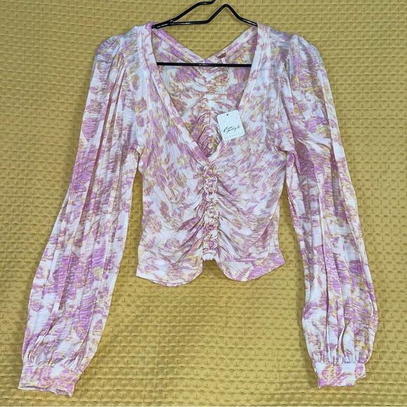 Free People Say The Word Ivory Combo XS long sleeve pink shirt blouse NWT $78 - Picture 5 of 8